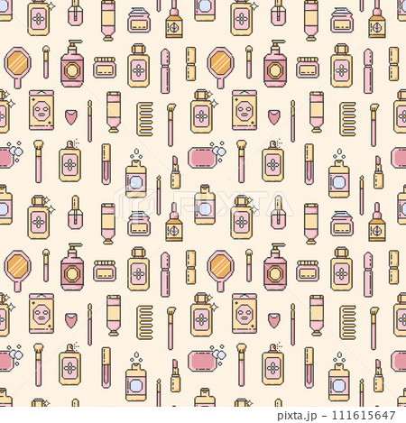 Seamless pattern makeup beauty cosmetic element,mascara,cream bottle,nail product,brush and ect.Pixel art style.Make-up element illustration for wallpaper,background,textile.Vector illustration EPS 10 111615647