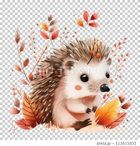 Vibrant Watercolor Hedgehog with Autumn Leaves 111615831