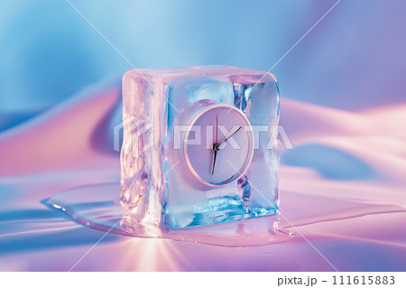 Alarm clock in ice cube, frozen time. Stopping the time concept, freeze time. Climate change. Daylight saving time, save the date, fall back Alarm clock in ice cube, frozen time. Stopping the time concept, freeze time. Climate change. Daylight saving time, save the date, fall back 111615883