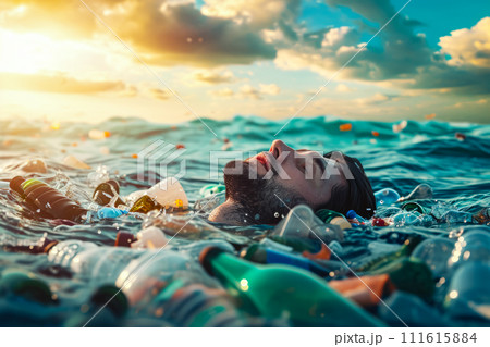 Pollution of seas and reservoirs with plastic waste, a person as discarded garbage after use, drawing attention to the problem on World Water Day, background for an article Pollution of seas and reservoirs with plastic waste, a person as discarded garbage after use, drawing attention to the problem on World Water Day, background for an article 111615884