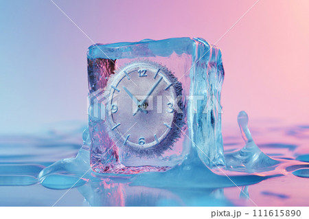 Alarm clock in ice cube, frozen time. Stopping the time concept, freeze time. Climate change. Daylight saving time, save the date, fall back Alarm clock in ice cube, frozen time. Stopping the time concept, freeze time. Climate change. Daylight saving time, save the date, fall back 111615890
