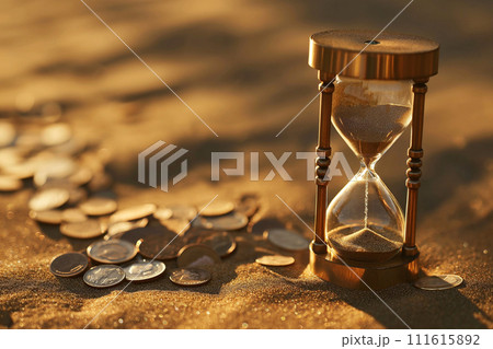 Money in an hourglass. Sandglass full of coins. Investment, savings concept. Retirement saving, investing time, financial concept. Value of money in time. Time is money, banking, time to pay, deadline Money in an hourglass. Sandglass full of coins. Investment, savings concept. Retirement saving, investing time, financial concept. Value of money in time. Time is money, banking, time to pay, deadline 111615892