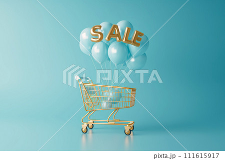 Golden shopping cart with word SALE made of gold inflatable helium balloons on blue background. Sale, Black Friday concept, shopping season, purchase, discounts, shopaholic. Promotion, marketing 111615917