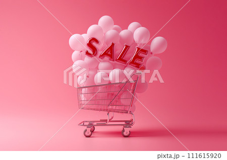Shopping cart with sign SALE and inflatable helium balloons on pink background. Sale, Black Friday concept, shopping season, purchase, discounts, shopaholic. Promotion, marketing Shopping cart with sign SALE and inflatable helium balloons on pink background. Sale, Black Friday concept, shopping season, purchase, discounts, shopaholic. Promotion, marketing 111615920