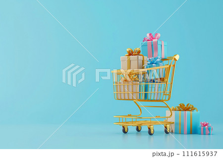Shopping cart with gift boxes. Golden shopping basket full of gifts on blue background. Sale, Black Friday concept, shopping season, purchase, discounts, shopaholic. Promotion, marketing, copy space Shopping cart with gift boxes. Golden shopping basket full of gifts on blue background. Sale, Black Friday concept, shopping season, purchase, discounts, shopaholic. Promotion, marketing, copy space 111615937