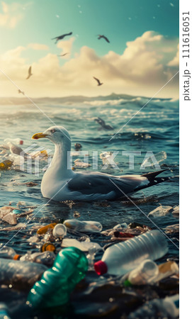 Portrait of a seagull swimming in the sea among garbage and plastic bottles, close-up of the bird, World Wildlife and Ecology Day banner, vertical poster 111616051