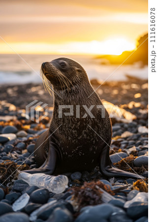 Vertical banner of a fur seal cub against the background of a rocky sea beach. in the rays of the setting sun, banner of World Wildlife Day and violation of the natural habitat of wild animals Vertical banner of a fur seal cub against the background of a rocky sea beach. in the rays of the setting sun, banner of World Wildlife Day and violation of the natural habitat of wild animals 111616078