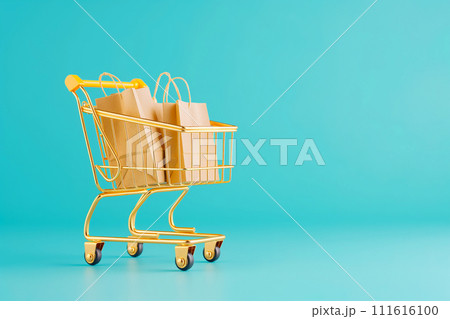 Shopping cart with bags. Golden shopping basket full of craft shopping bags on blue background. Sale, Black Friday concept, shopping season, purchase, discounts, shopaholic. Promotion, marketing Shopping cart with bags. Golden shopping basket full of craft shopping bags on blue background. Sale, Black Friday concept, shopping season, purchase, discounts, shopaholic. Promotion, marketing 111616100
