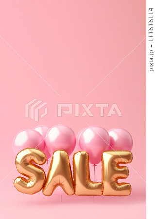 Word SALE made of golden inflatable balloons on pink background. Helium balloons gold foil forming word sale. Discount and advertisement, shopping sign for Black Friday Sale, special offer, copy space Word SALE made of golden inflatable balloons on pink background. Helium balloons gold foil forming word sale. Discount and advertisement, shopping sign for Black Friday Sale, special offer, copy space 111616114