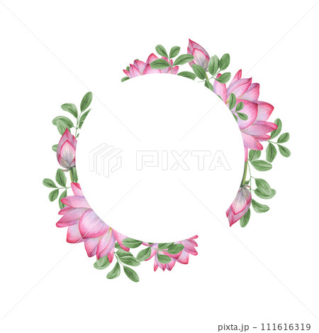 Pink white lotus, Butterfly pea leaves. Round frame with Water Lily, wisteria leaves. Indian lotus, sacred lotus. Watercolor illustration for greetings, invitations. Copy space for text. 111616319
