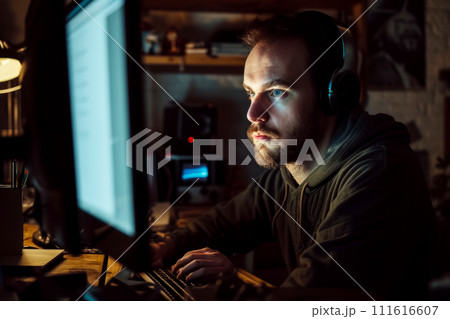 Portrait of a programmer working from home, data analysis and processing, freelance work in the IT industry, light from the monitor screen 111616607