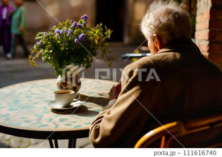 A lonely gray-haired old man drinking a cup of coffee, a warm spring day, loneliness and separation, the problem of depression and lonely old people A lonely gray-haired old man drinking a cup of coffee, a warm spring day, loneliness and separation, the problem of depression and lonely old people 111616740