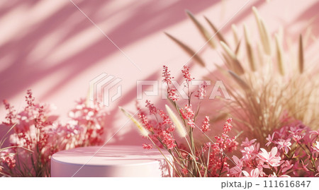 AI-generated content. A serene scene with a cylindrical podium amid dried flowers and soft pink hues 111616847