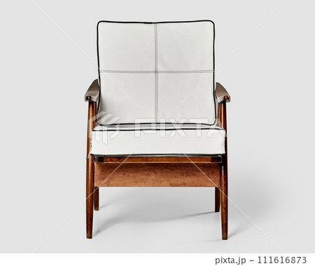 Vintage chair with white leather cushions and wooden arms Vintage chair with white leather cushions and wooden arms 111616873