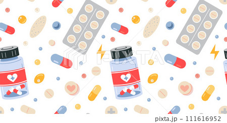 Seamless pattern with bottle and blister with tablets, medical pills and capsules on white background. Treatment and health care. Medicines, painkillers and vitamins. Cartoon flat vector illustration 111616952