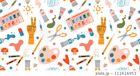 Seamless pattern with painting tools elements and art supplies like paint tubes, pencil and color palette. Isolated cartoon vector illustration on white background, hand drawn, flat design 111616953