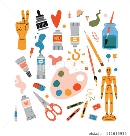 Set with painting tools elements and art supplies like paint tubes, pencil and color palette. Isolated cartoon vector illustration, hand drawn, flat design 111616956