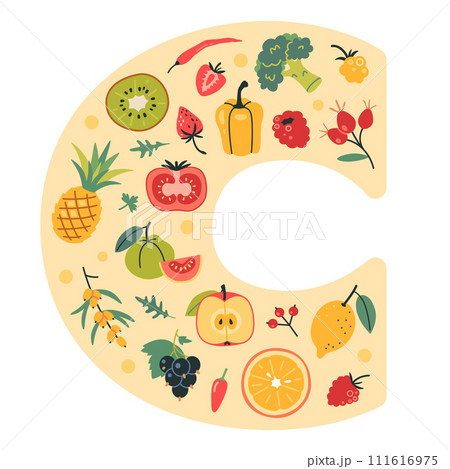 Vitamin C sources food in C shape. Fruits, berries and vegetables set. Natural antioxidant and immune support. Isolated cartoon vector illustration, hand drawn, flat 111616975