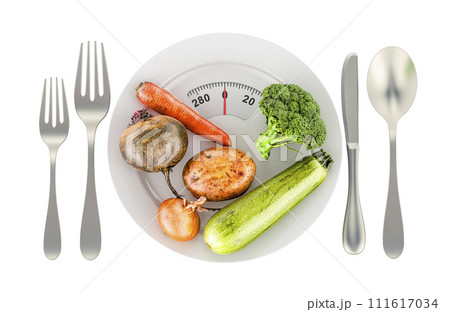 Fresh Vegetables on the plate with weight scale. Diet meal concept. 3D rendering 111617034