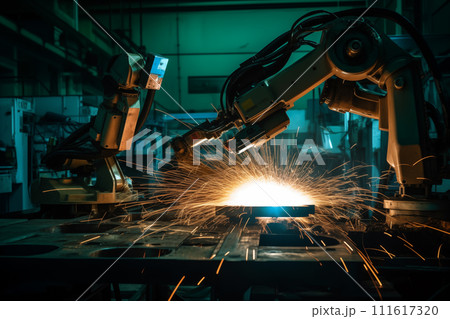 Robotic Welding. Robots welding in workshop of industrial plant. 111617320