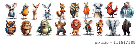 Whimsical Assembly of Animated Animals A Colorful Vector Illustration of Diverse Creatures Exhibiting Unique Styles 111617389