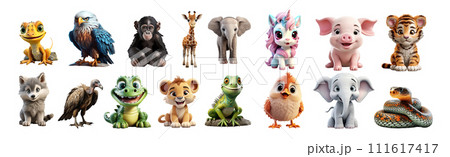 Vibrant Collection of Cartoon Animals: Frogs, Birds, Bears, Giraffes, Elephants, Unicorns, Pigs, Tigers, Wolves, and Eagles in Playful Vibrant Collection of Cartoon Animals: Frogs, Birds, Bears, Giraffes, Elephants, Unicorns, Pigs, Tigers, Wolves, and Eagles in Playful 111617417