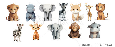 Adorable Collection of Illustrated Baby Animals Including a Lion Cub, Hippo, Elephant, Zebra, Fox, and Giraffe in Various Adorable Collection of Illustrated Baby Animals Including a Lion Cub, Hippo, Elephant, Zebra, Fox, and Giraffe in Various 111617438