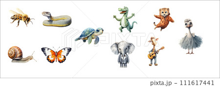 Collection of Ten Diverse Animals Including a Bee, Snake, Sea Turtle, Dinosaur, Snail, Butterfly, Elephant, Giraffe, Leopard Cub 111617441