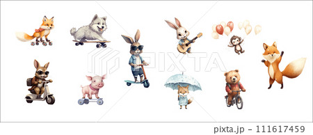 Whimsical Illustration of Various Animals Engaging in Human-Like Activities, Exuding Whimsical Illustration of Various Animals Engaging in Human-Like Activities, Exuding 111617459