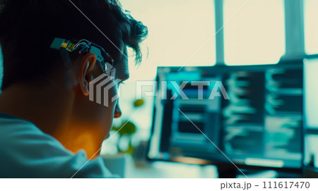 Male scientist researches the brain and human-computer interaction about direct interaction using an implant, scientist behind the monitor, shot through the glass of the laboratory 111617470