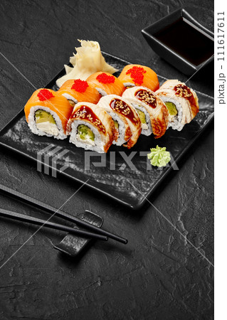 Philadelphia rolls with salmon, tobiko, eel, sesame and unagi sauce 111617611