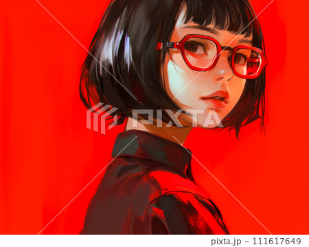 Anime girl with a serious expression on her face, turned around and looked at the camera, red rich background, black hair and red glasses 111617649