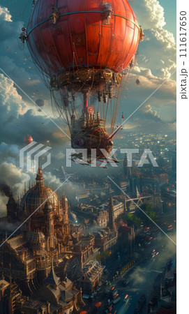 Steampunk world or futuristic world, airship flying over the city, vertical illustration and concept about the world of steam engines, vertical banner Steampunk world or futuristic world, airship flying over the city, vertical illustration and concept about the world of steam engines, vertical banner 111617650