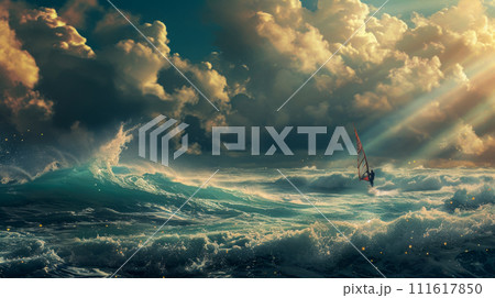 Seascape with a windsurfer during a competition during a storm, the sun's rays breaking through the clouds, the beauty of nature and a surfing competition poster 111617850