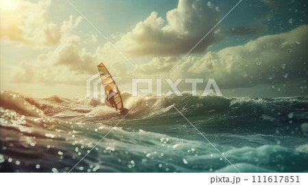 Windsurfer during competition on the open sea during a storm, beauty of nature and surfing competition poster 111617851