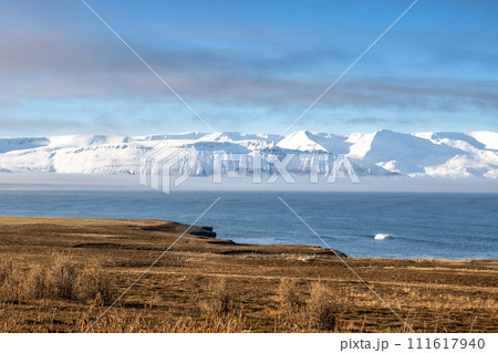 Autumn landscape with a snow mountains, North Iceland 111617940