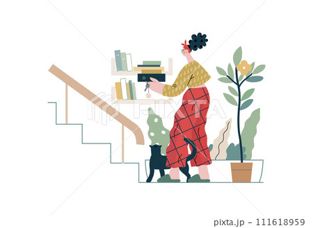 Mutual Support: Book Swap -modern flat vector concept illustration of a woman leaving books on a shelf in hallway for neighbors A metaphor of voluntary, collaborative exchanges of resource, services Mutual Support: Book Swap -modern flat vector concept illustration of a woman leaving books on a shelf in hallway for neighbors A metaphor of voluntary, collaborative exchanges of resource, services 111618959