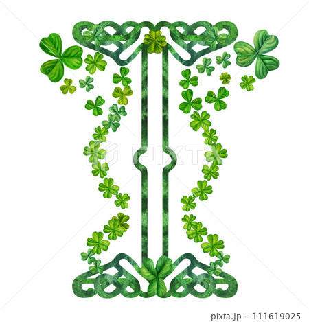 Watercolor vintage fantasy frame with hand drawn four leaf clover for St. Patrick's Day for good luck, for invitation card template, announcements, magic games, fairy tales, book titles, scrapbooking 111619025