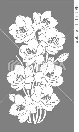 white graphic linear drawing of orchid flower on gray background, design 111619096