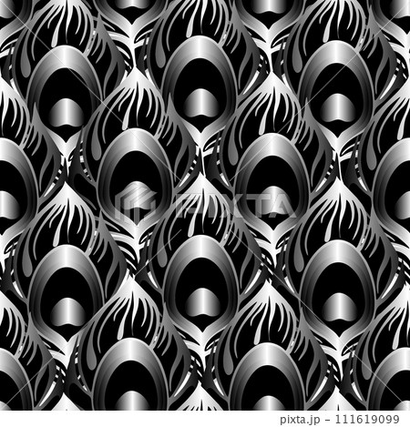 seamless symmetrical pattern of peacock feathers in black and gray colors, texture, design 111619099