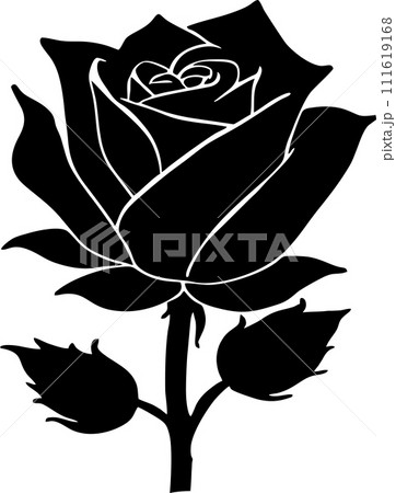 black graphic drawing of a rose flower with leaves, monochrome, decorative element black graphic drawing of a rose flower with leaves, monochrome, decorative element 111619168