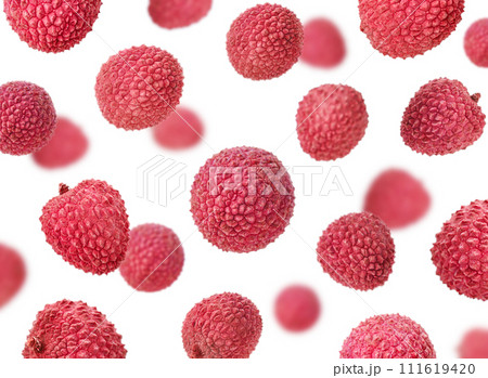 Falling lychee, isolated on white 111619420