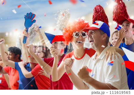 Czechia football team supporter on stadium. Czechia football team supporter on stadium. 111619565