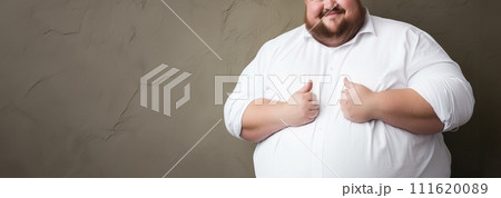 AI-generated content. overweight man has his thumb resting on his large stomach, obesity concept 111620089