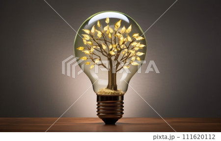 AI-generated content. Light bulb full of green leaves and tree on grey background with copy space 111620112