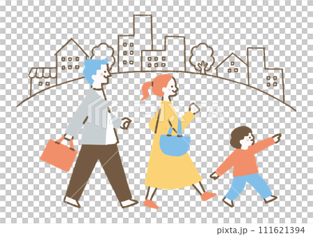町並みを背景に歩いている三人家族_色 町並みを背景に歩いている三人家族_色 111621394