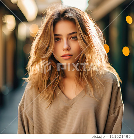 AI-generated content. Attractive woman. Beautiful woman, portrait close up. Gorgeous woman blue eyes, perfect skin, plump lips. Beauty face. Fashion portrait. Beauty model girl with curly hairstyle 111621499