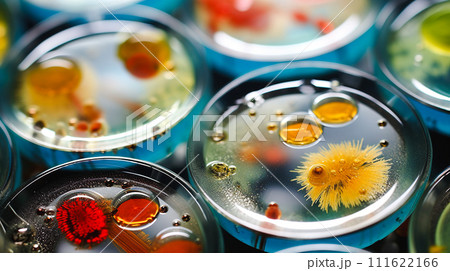 ペトリ皿に培養したカラフルな細菌のコロニーイメージ「AI生成画像」 111622166