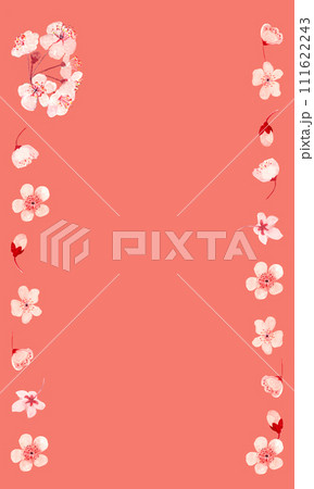 Watercolor hand drawn pink sakura flower vertical frame on peach background 111622243