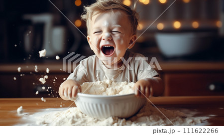 A cheerful little boy with a big bowl of flour. Encouraging early exploration and creativity. Generative AI. A cheerful little boy with a big bowl of flour. Encouraging early exploration and creativity. Generative AI. 111622266